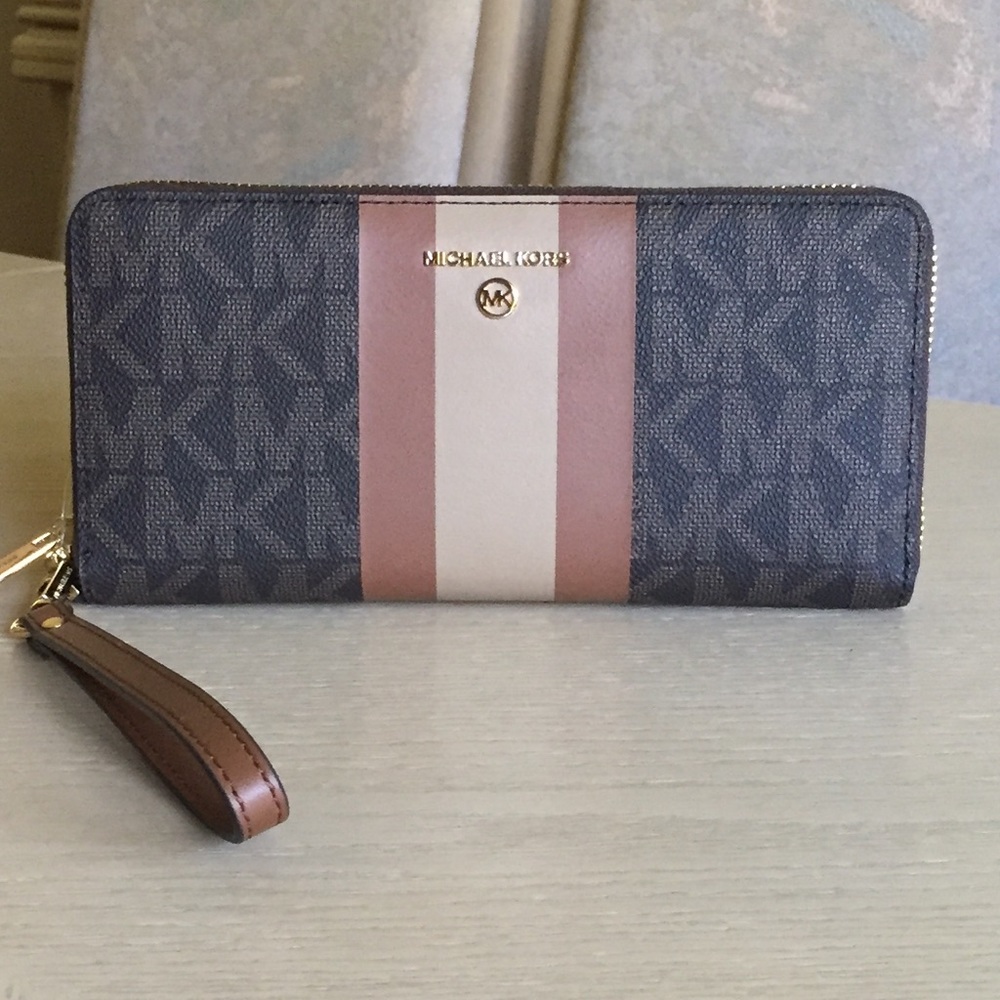 Michael Kors Center Stripe Brown Wallet, Wristlet